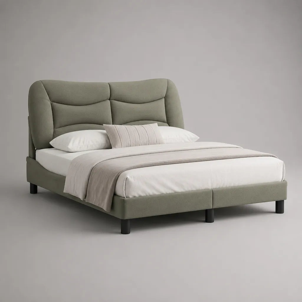 Polsterbett Doppelbett mit hohem Kopfteil, Polyesterbezug und Schaumstoffpolsterung, Salbeigrün, Liegefläche 180 × 200 cm, Gesamtmaß 220 × 193 × 120 cm