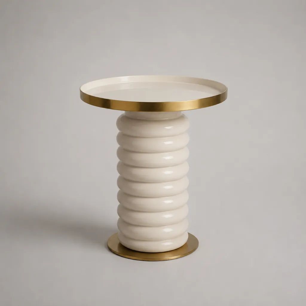 Runder Beistelltisch aus Stahl und Keramik, Weiß/Goldfarben, Ø 45 × H 60 cm