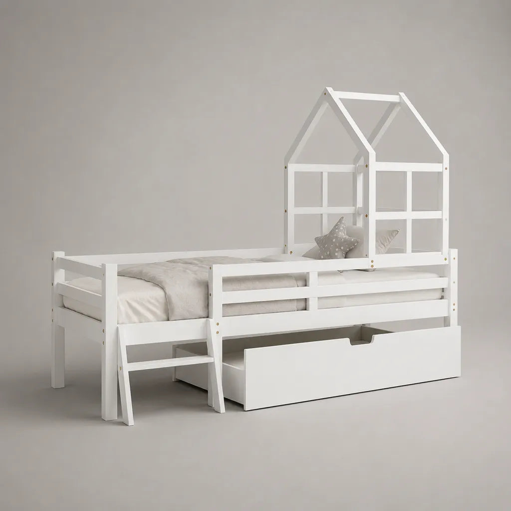 Kinder-Hochbett Hausbett 90 × 200 cm aus massivem Kiefernholz mit Leiter, Bettkasten und Rausfallschutz, Weiß