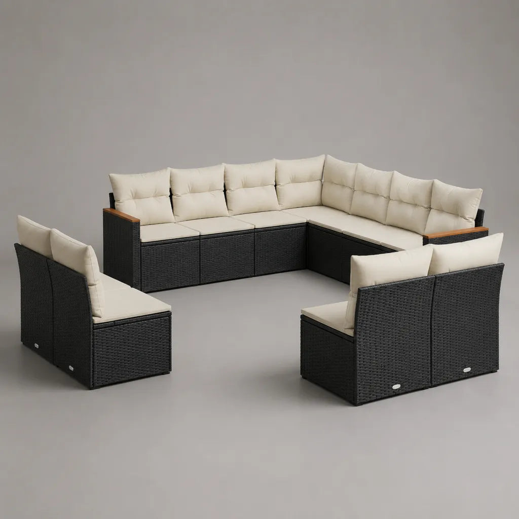 Garten-Loungeset 4-teilig aus PE-Rattan mit Stahlgestell und Kissen, L-Form, Schwarz/Creme/Braun, 250 × 250 × 73 cm