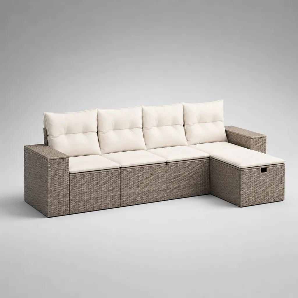 Gartensofa in L-Form, 4-Sitzer aus PE-Rattan mit Polsterauflagen und Stauraum, Taupe/Cremeweiß, 228 × 147 × 85 cm