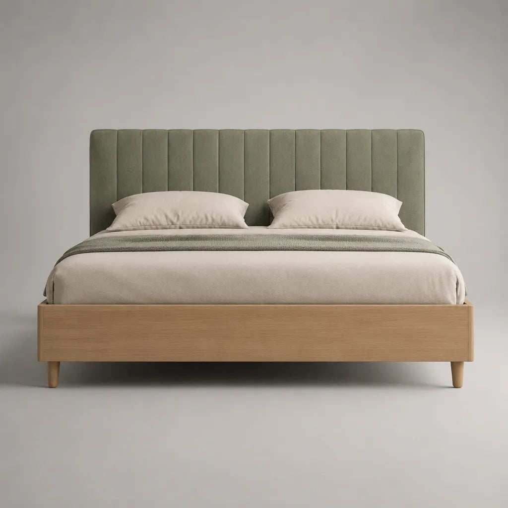 Doppelbett 160 × 200 cm mit Polsterkopfteil und Holz-Bettgestell, Salbeigrün/Natur