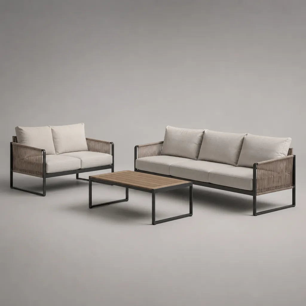 3-teiliges Gartensofa-Set aus Stahl mit Seilgeflecht und Polyester, 2-Sitzer 145 × 78 × 75 cm, 3-Sitzer 210 × 78 × 75 cm, Couchtisch 110 × 60 × 40 cm, Taupe und Anthrazit
