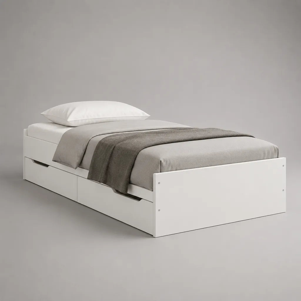 Einzelbett mit 2 Schubladen aus melaminbeschichteter Spanplatte, Liegefläche 90 × 200 cm, Gesamtmaß 204 × 96 × 64 cm, Weiß