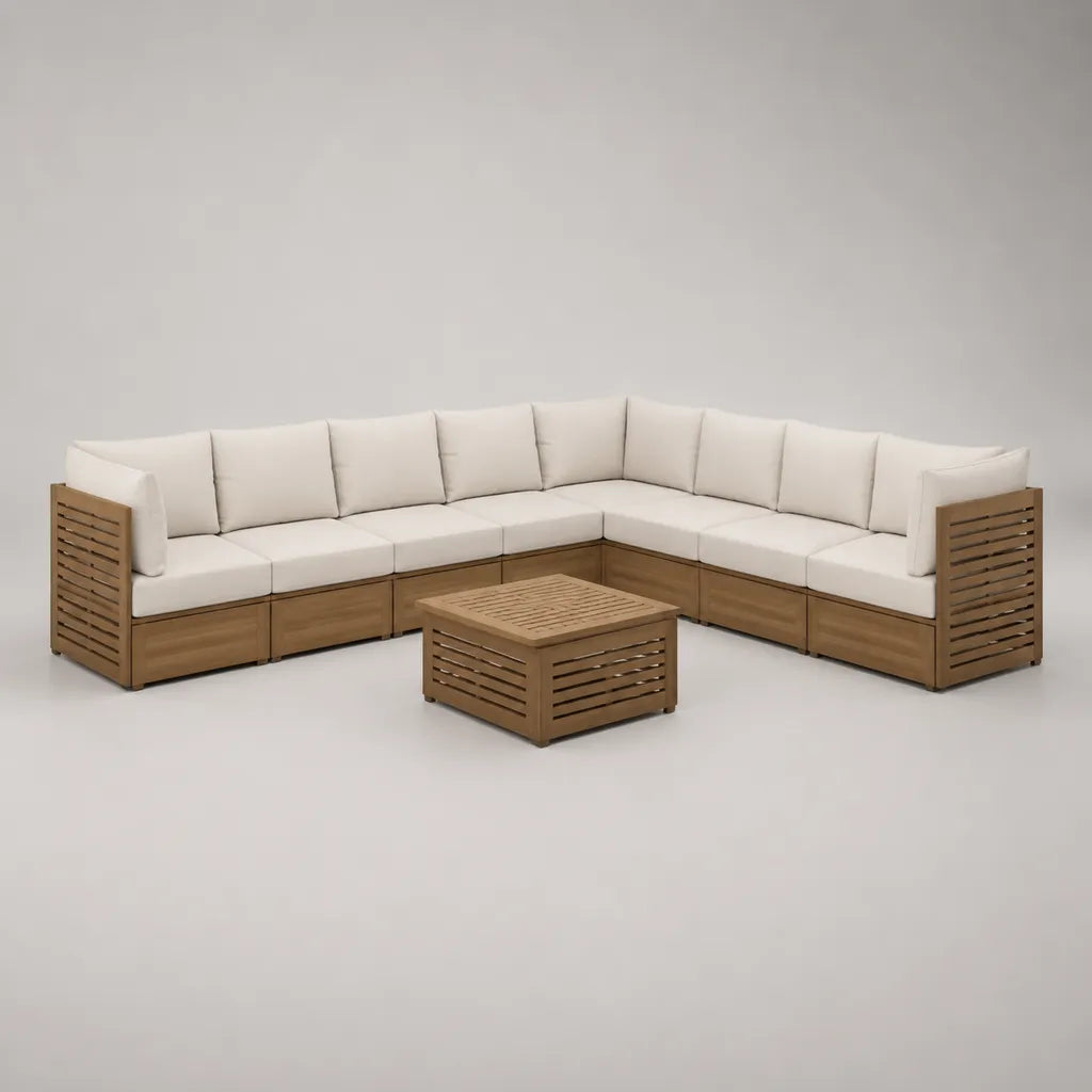 Garten-Lounge-Set aus Holz mit 7-Sitzer-Ecksofa 320 x 250 x 76 cm und Couchtisch 80 x 80 x 40 cm, Braun/Creme