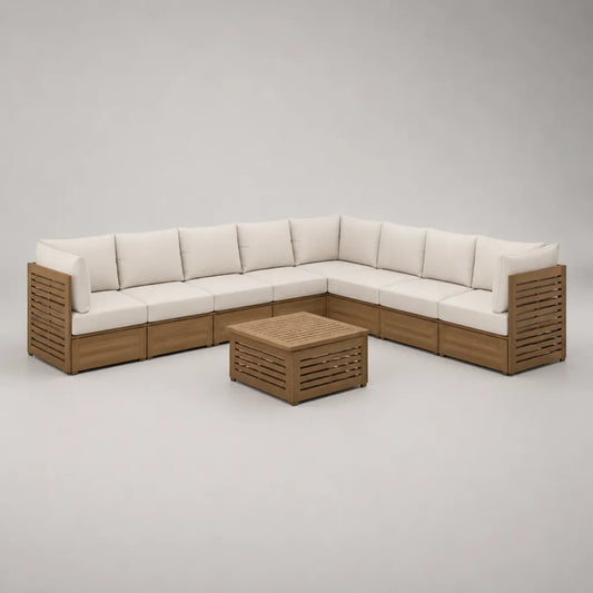 Garten-Lounge-Set aus Holz mit 7-Sitzer-Ecksofa 320 x 250 x 76 cm und Couchtisch 80 x 80 x 40 cm, Braun/Creme