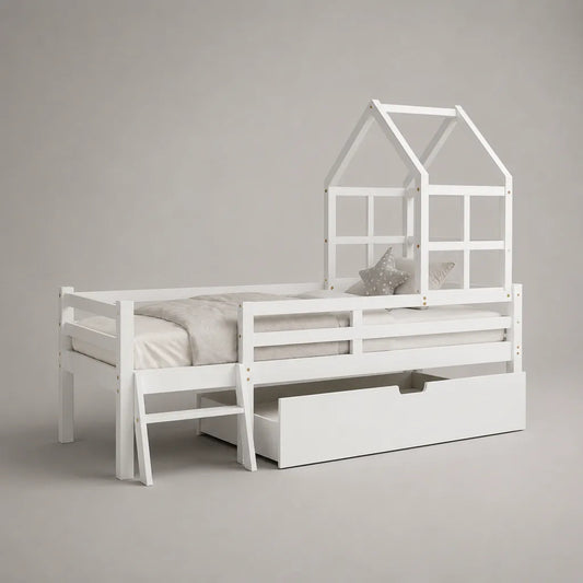 Kinder-Hochbett Hausbett 90 × 200 cm aus massivem Kiefernholz mit Leiter, Bettkasten und Rausfallschutz, Weiß
