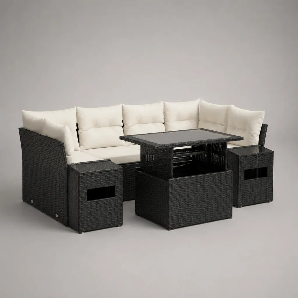 6-teiliges Gartensofa-Set aus PE-Polyrattan und Stahl mit höhenverstellbarem Glastisch, U-Form, Schwarz/Creme/Rauchgrau, 236 × 177 × 73 cm