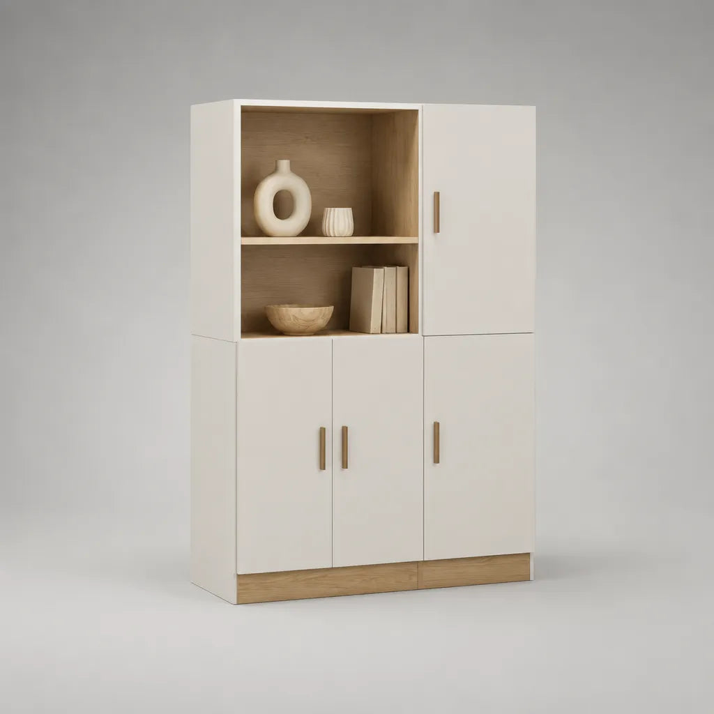 Mehrzweckschrank aus Holz mit 4 Türen und 2 offenen Fächern, Weiß und Eiche natur, 100 × 35 × 160 cm