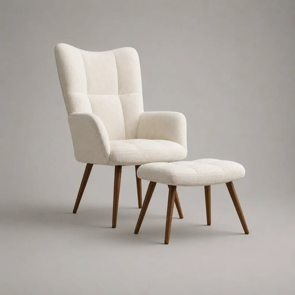 Ohrensessel mit Hocker, 2-teilig, Stoffbezug und Holzbeine, Creme/Nussbraun, Sessel 73 × 78 × 99 cm, Hocker 58 × 43 × 42 cm