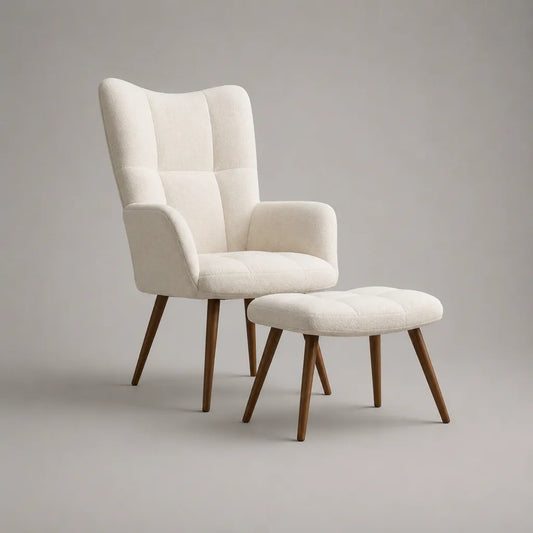 Ohrensessel mit Hocker, 2-teilig, Stoffbezug und Holzbeine, Creme/Nussbraun, Sessel 73 × 78 × 99 cm, Hocker 58 × 43 × 42 cm