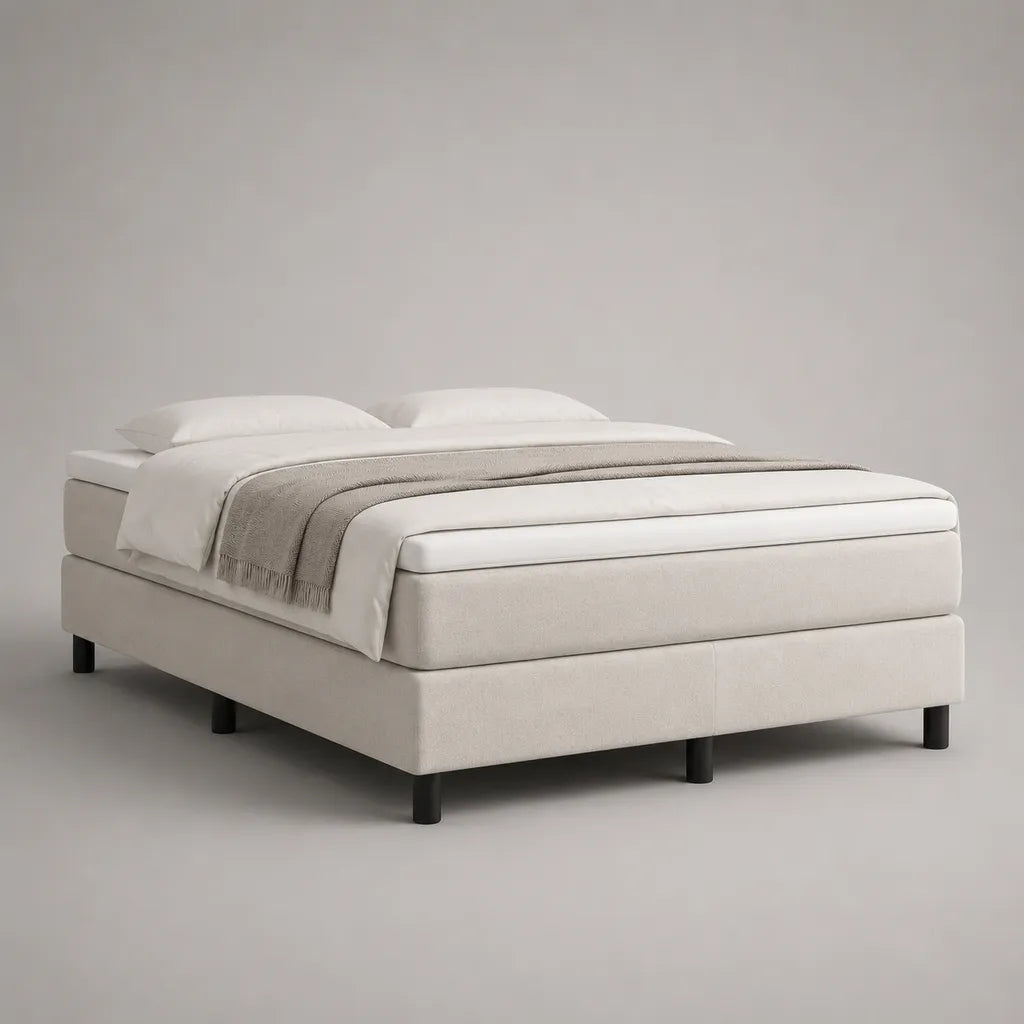 Boxspringbett-Set ohne Kopfteil mit Federkernmatratze und Topper, Stoff, Cremeweiß/Schwarz, 180 x 200 cm