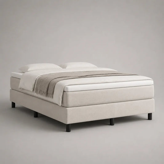Boxspringbett-Set ohne Kopfteil mit Federkernmatratze und Topper, Stoff, Cremeweiß/Schwarz, 180 x 200 cm