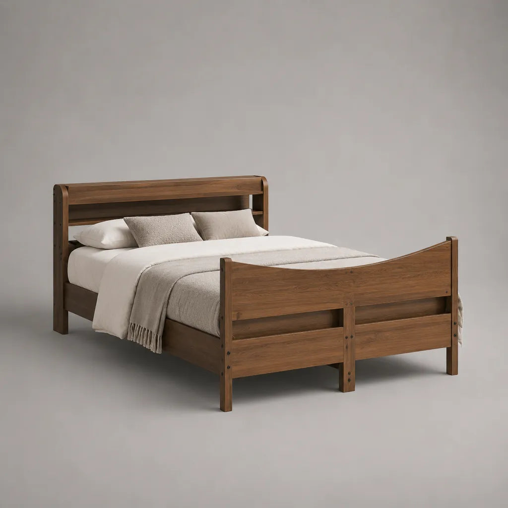 Bettgestell 160 × 200 cm aus massivem Kiefernholz mit Kopf- und Fußteil, Walnussbraun, 218 × 170 × 110 cm
