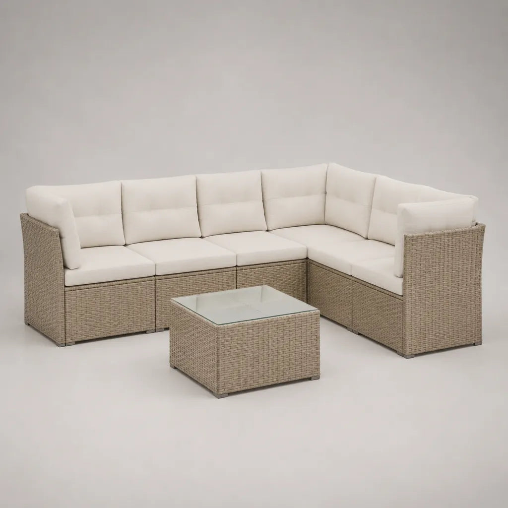 6-teiliges Gartensofa-Set in L-Form aus PE-Rattan, Metall und Glas mit Polstern, Beige und Cremeweiß, 240 × 240 × 70 cm