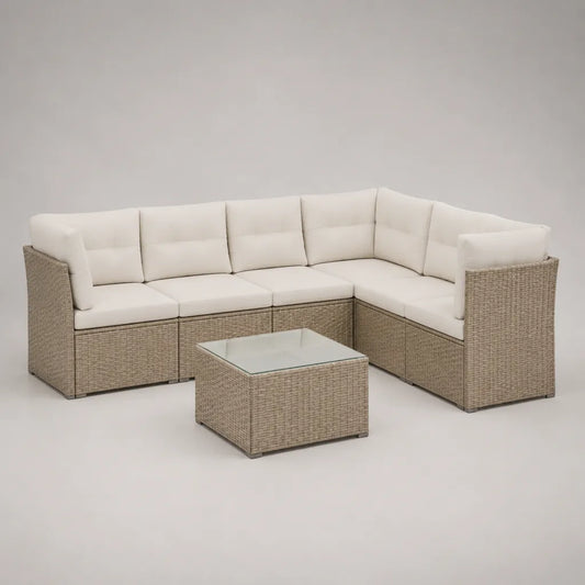 6-teiliges Gartensofa-Set in L-Form aus PE-Rattan, Metall und Glas mit Polstern, Beige und Cremeweiß, 240 × 240 × 70 cm