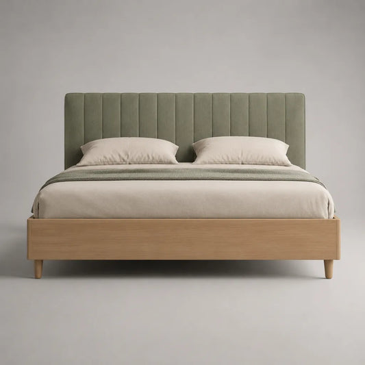 Doppelbett 160 × 200 cm mit Polsterkopfteil und Holz-Bettgestell, Salbeigrün/Natur