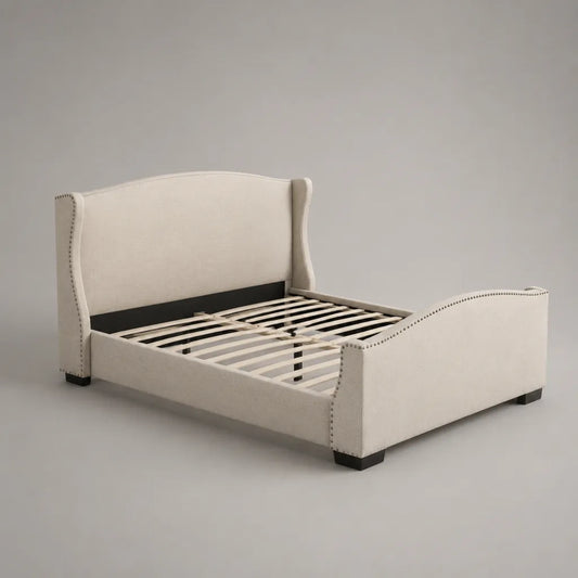 Polsterbett Doppelbett 160 x 200 cm mit Lattenrost, Polyester und Massivholz, geschwungenes Kopf- und Fußteil, Cremeweiß