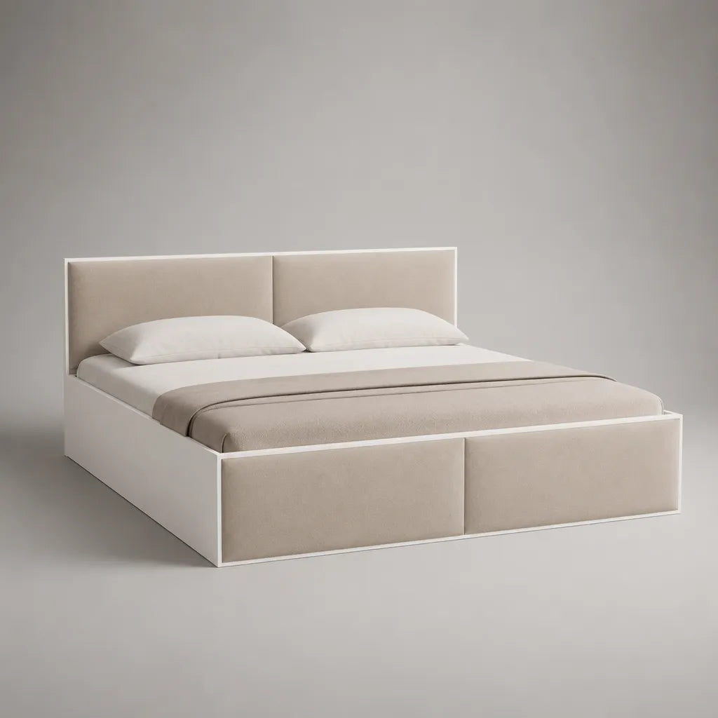 Stauraumbett mit Bettkasten 160 x 200 cm, Doppelbett aus MDF mit Polyesterpolsterung, Beige und Weiß
