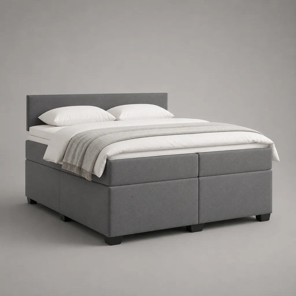 Boxspringbett mit Polyesterbezug, Kopfteil, 2 Matratzen und Topper, Grau, Liegefläche 180 × 200 cm