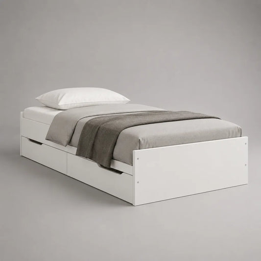 Einzelbett mit 2 Schubladen aus melaminbeschichteter Spanplatte, Liegefläche 90 × 200 cm, Gesamtmaß 204 × 96 × 64 cm, Weiß