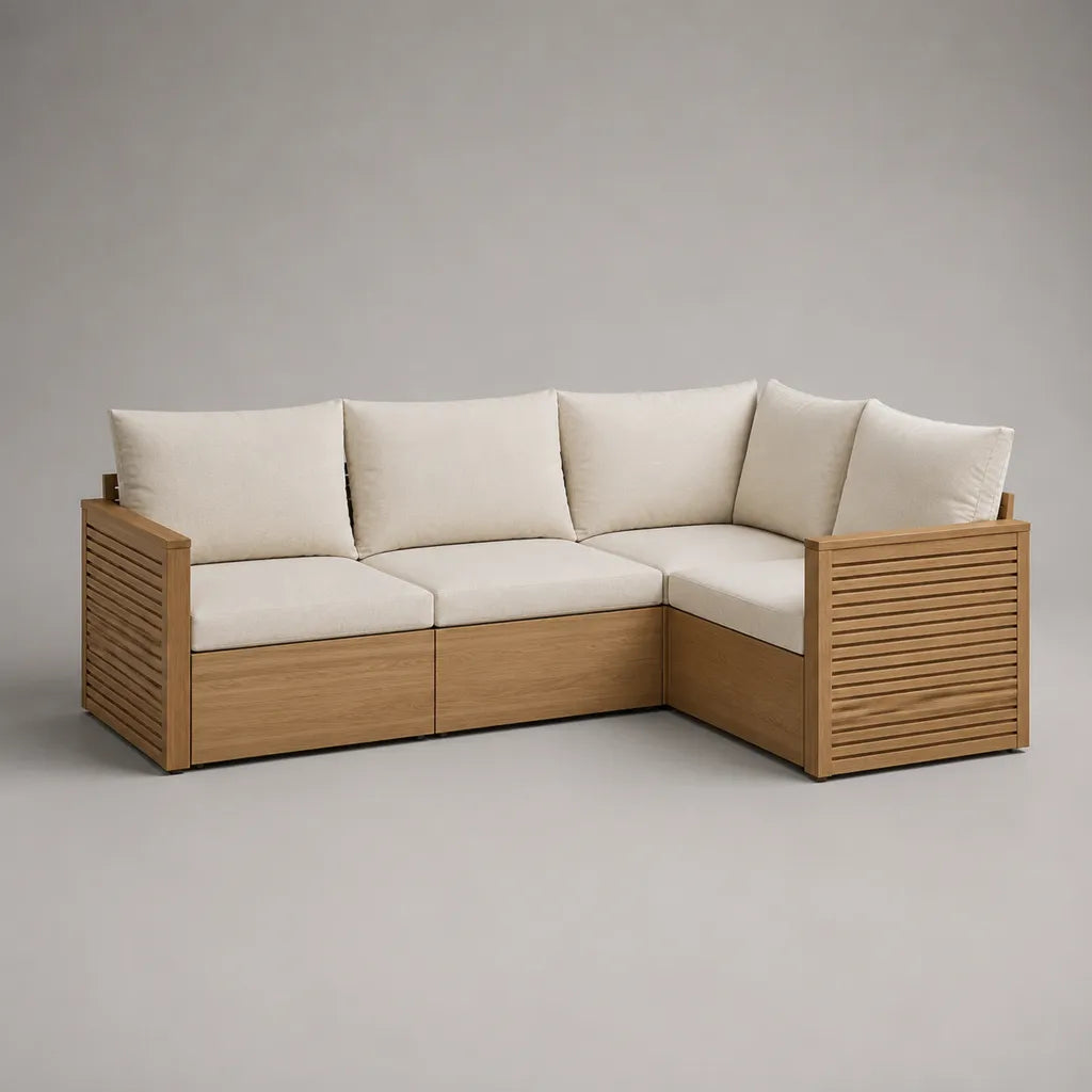 9-teiliges Garten-Ecksofa aus massivem Akazienholz mit Polyesterkissen, L-Form rechts, Naturbraun/Beige, 220 × 160 × 80 cm
