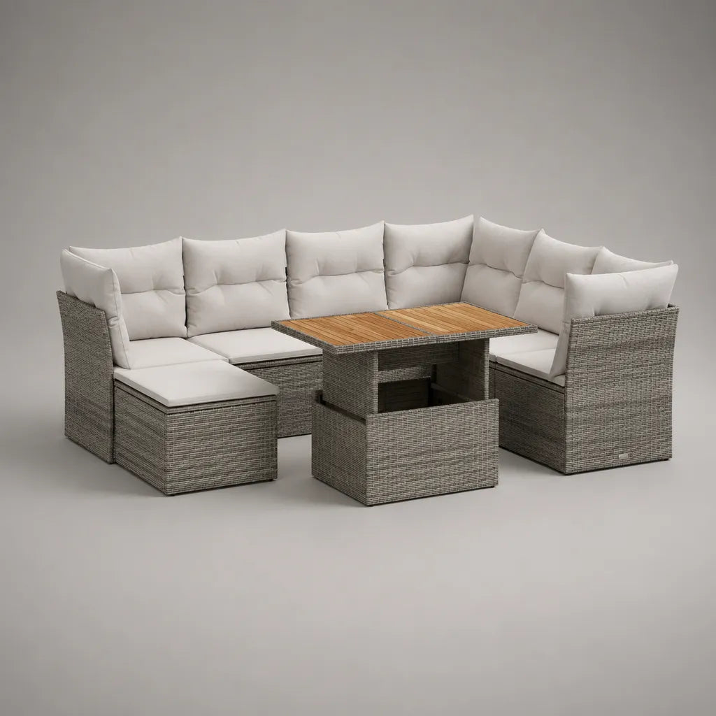 8-Sitzer-Gartensofa-Set aus PE-Rattan in U-Form mit Akazienholztisch und Hocker, Grau/Cremeweiß/Naturbraun, ca. 238 x 177 x 84 cm